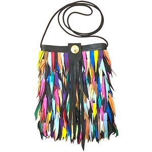 Vintage Kathryn Laibson handmade fringe leather statement bag colorful boho OOAK